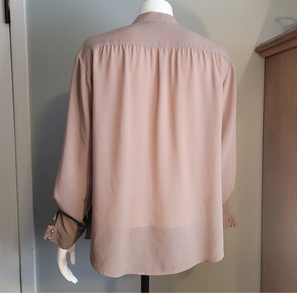 ALBERTO MAKALI Drape Front Blouse Top L Taupe Sheer Overlay Career Boho Chic - Picture 5 of 10